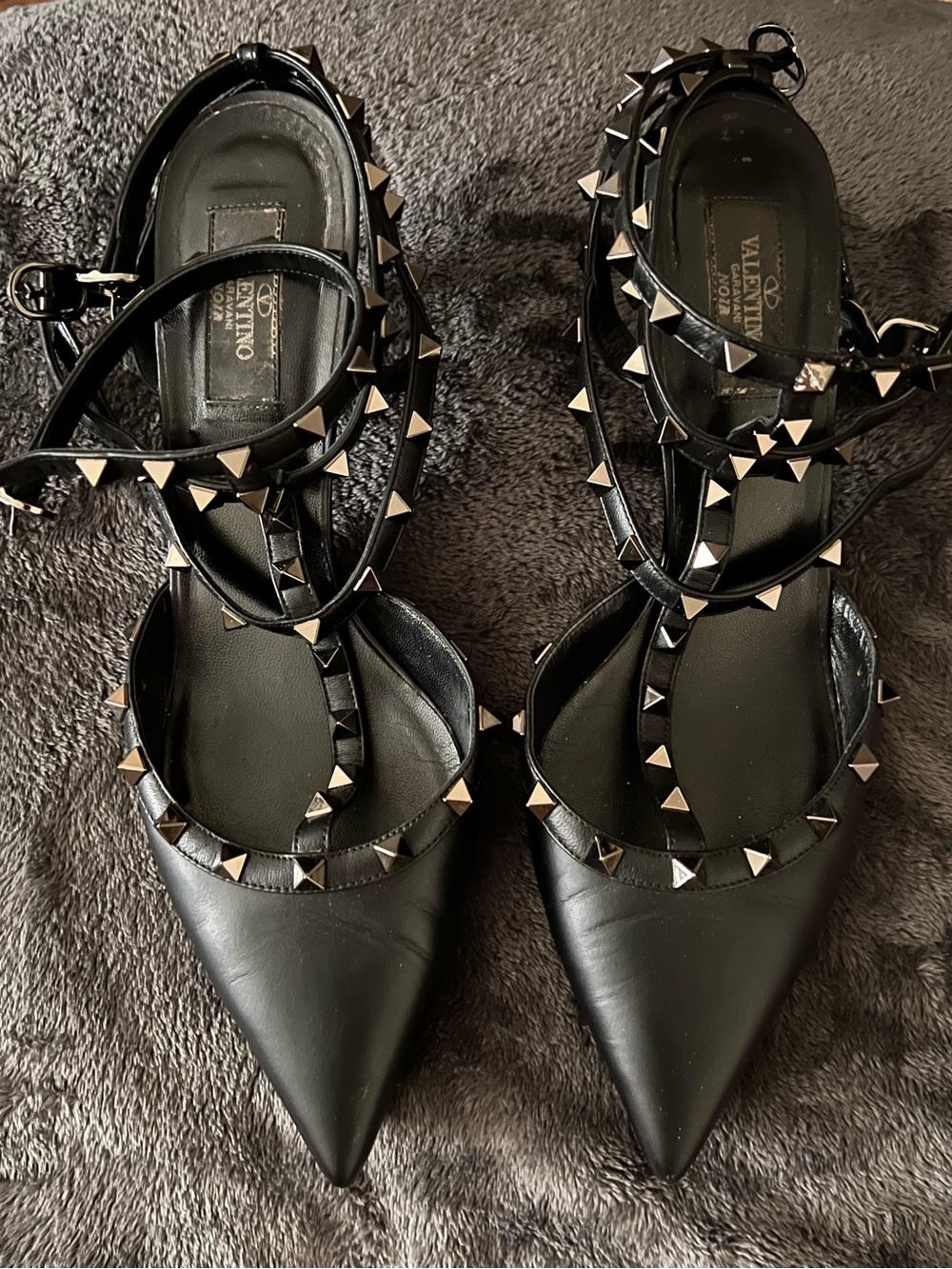 Valentino Black Leather Pointed Rockstud Ankle-Strap Heels